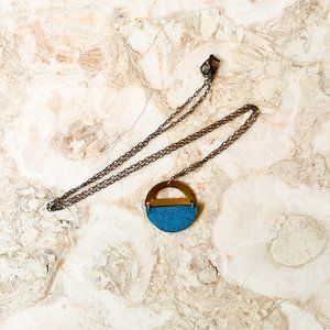 Handmade Brassy Chain & Teal Leather Pendant Long Hinged Necklace